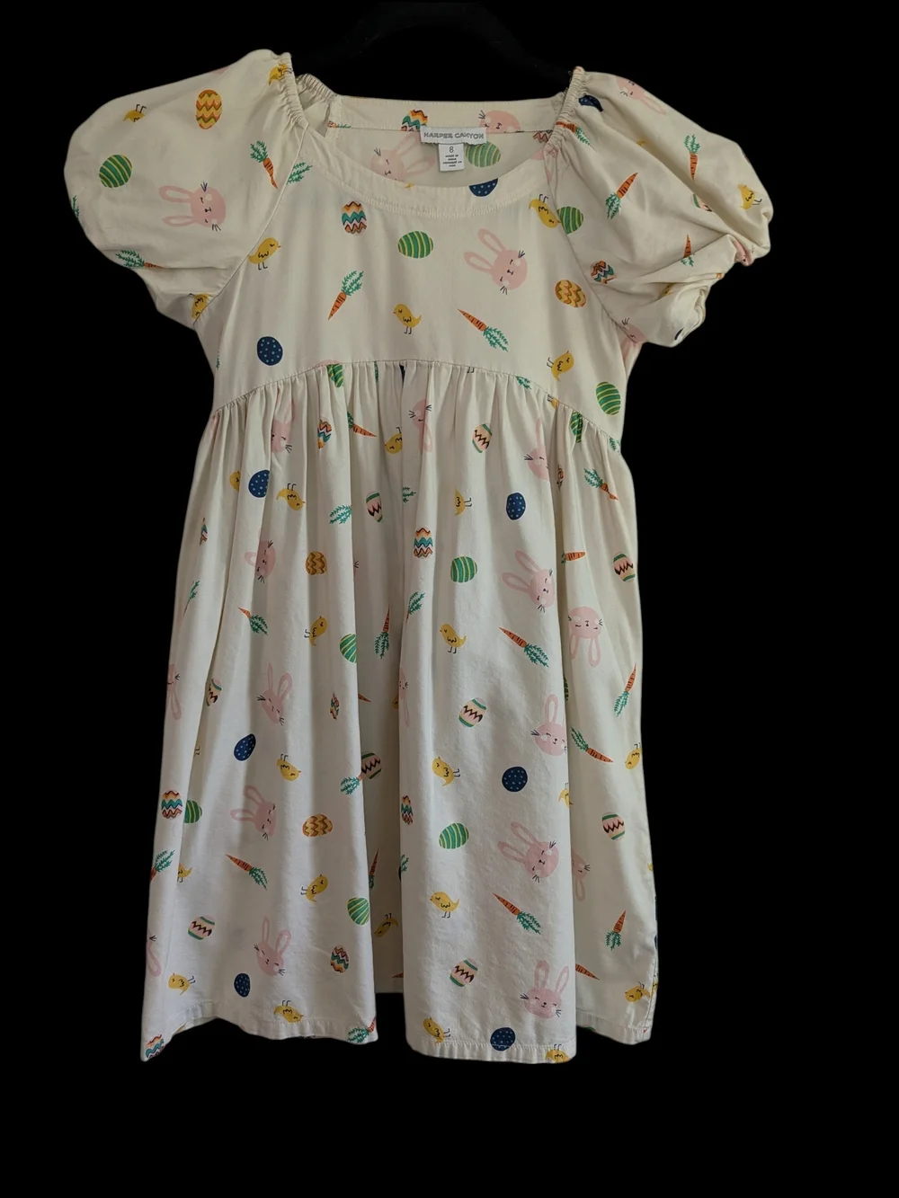 Harper Canyon Cream Kids Dress with Pink Bunnies and Multicolor Eggs